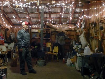 Christmas lights in the camp kitchen.