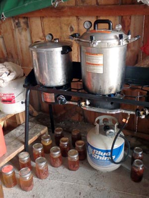 Canning meat.