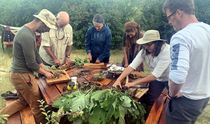 Processing burdock roots for cooking.
