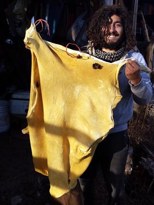 Holding a freshly smoked deer hide.