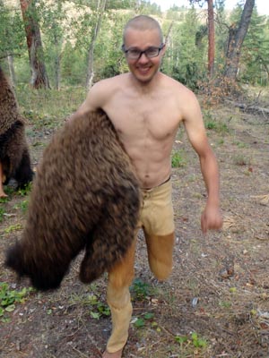 Alex with his handmade braintan buckskin pants.